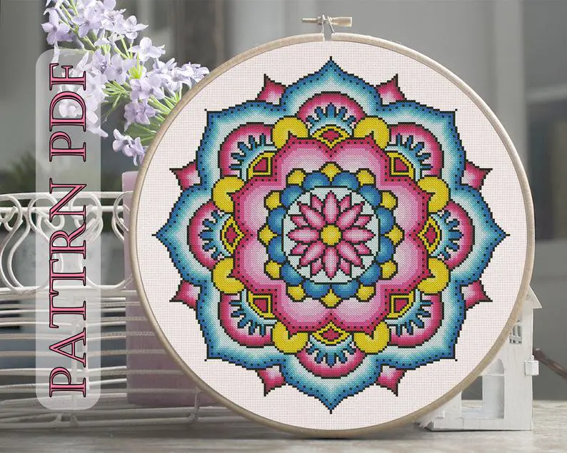 Mandala Rainbow Flower Cross Stitch Pattern from Cross Stitching String Art