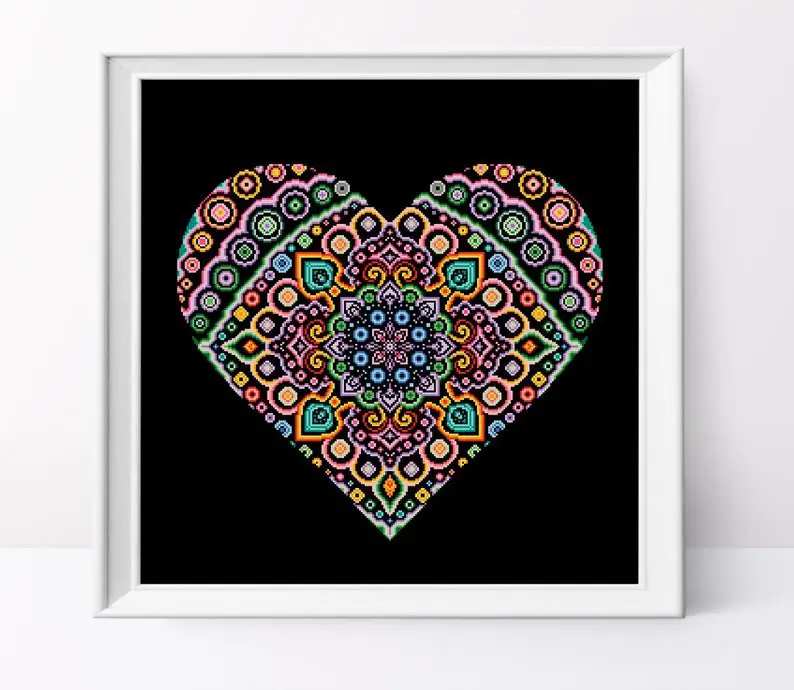 Colorful Mandala Heart Cross Stitch Pattern from Crazy Bee Patterns