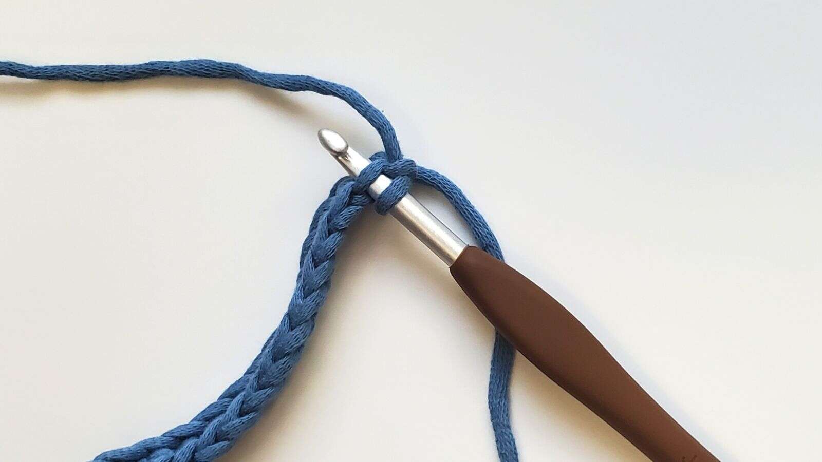 crochet hook inserted into the back loop of the 1st stitch when creating a back loop single crochet stitch