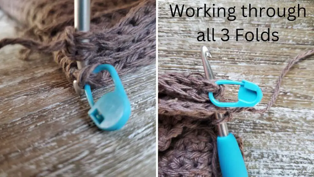 Working single crochet stitches through all 3 folds of the basket
