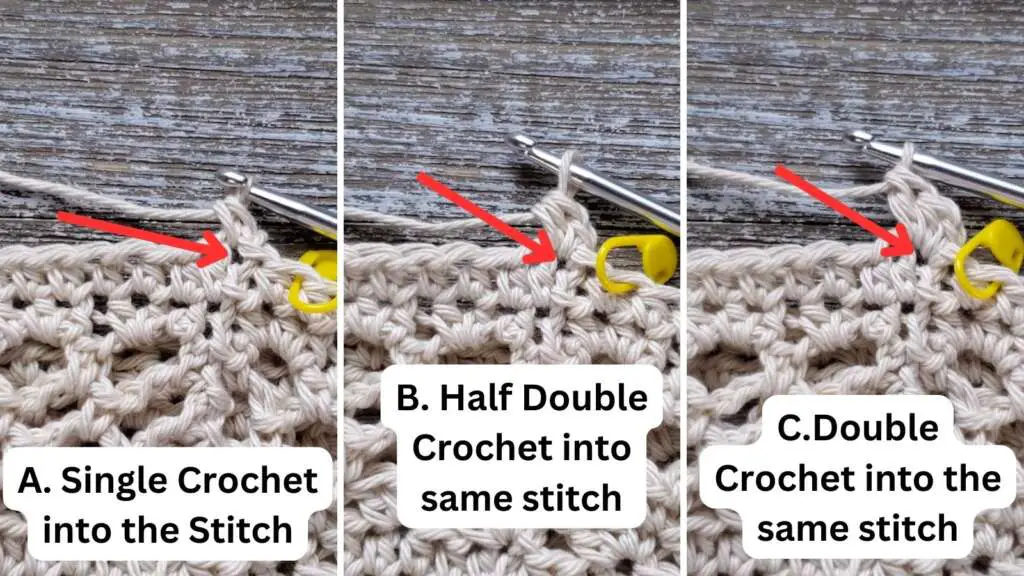 Steps a b and c, a single crochet, half double crochet, and double crochet all in the same stitch.