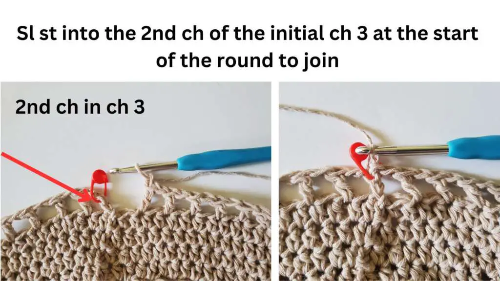 2nd chain in the chain 3 shown with arrow and then the round is joined with a slip stitch.