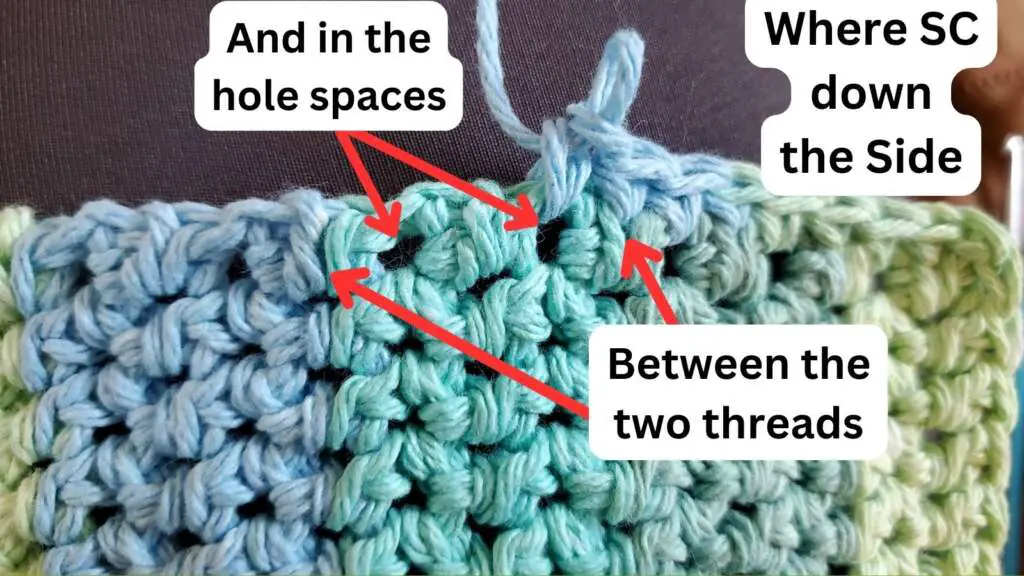 Arrows showing the best places to single crochet down the side