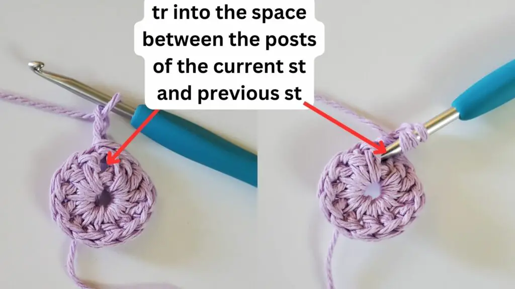 Arrows pointing to where the triple crochet is done between the posts.