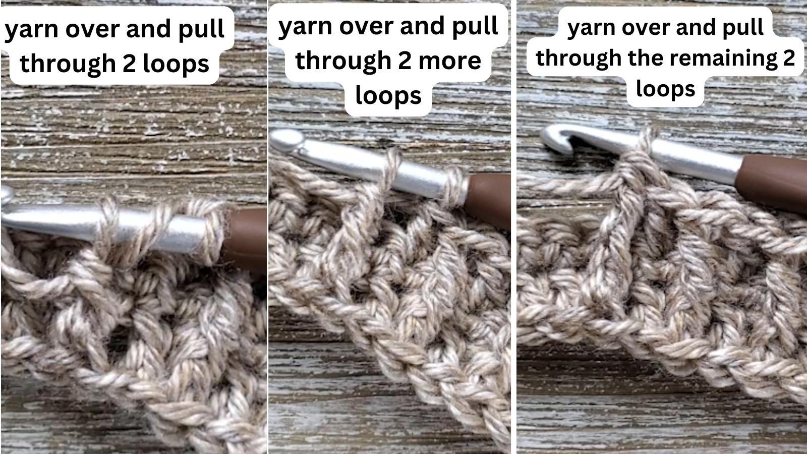 Front Post Triple Crochet Part 3: yarn over and pull through 2 loops 3 times until only 1 loop is left on your hook.