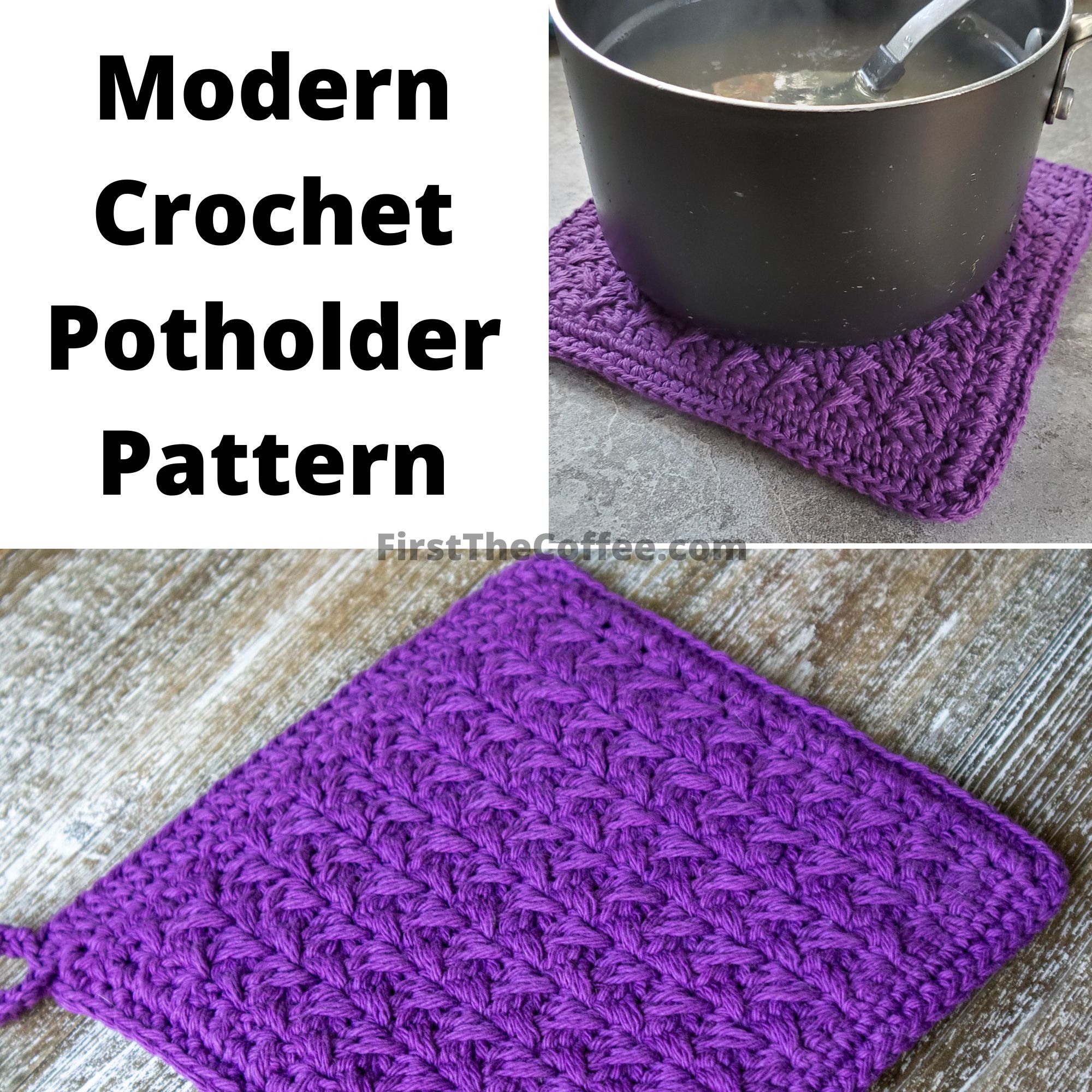 Crochet Potholder with pot sitting on it.