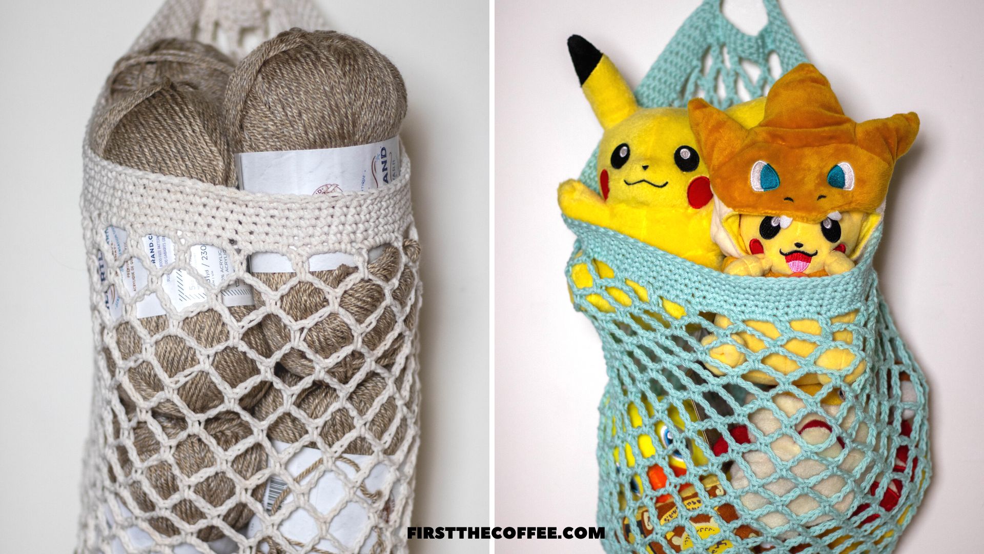 Crochet Hanging Storage Wall Baskets, one with yarn and another holding stuff Pikachus