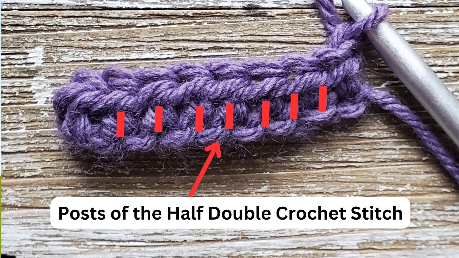 Posts of half double crochet stitches highlighted by red lines