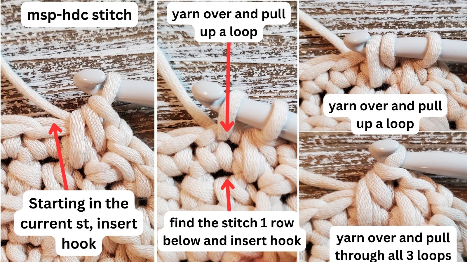 step by step pictures shown in order for working a modified spiked half double crochet stitch