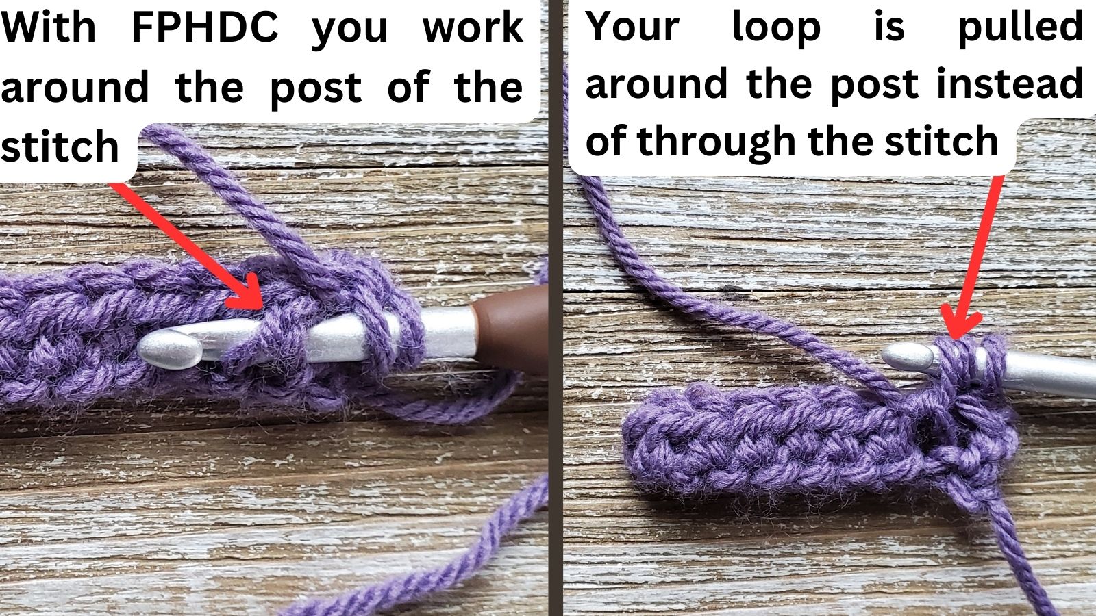 A crochet hook going in from the front and around the back of the the post of a half double crochet stitch